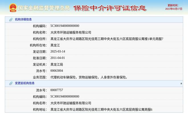 大庆市环驰运输服务有限公司换发保险中介许可证发证日期2025年3月14日(图1)